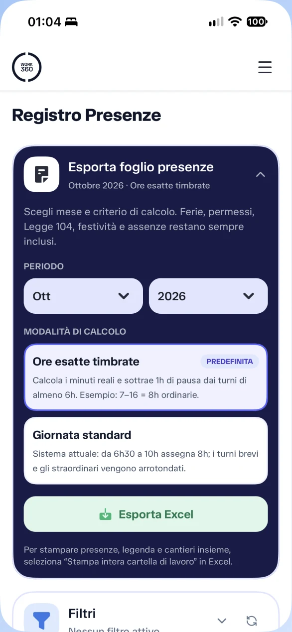 Esportazione delle presenze in Excel
