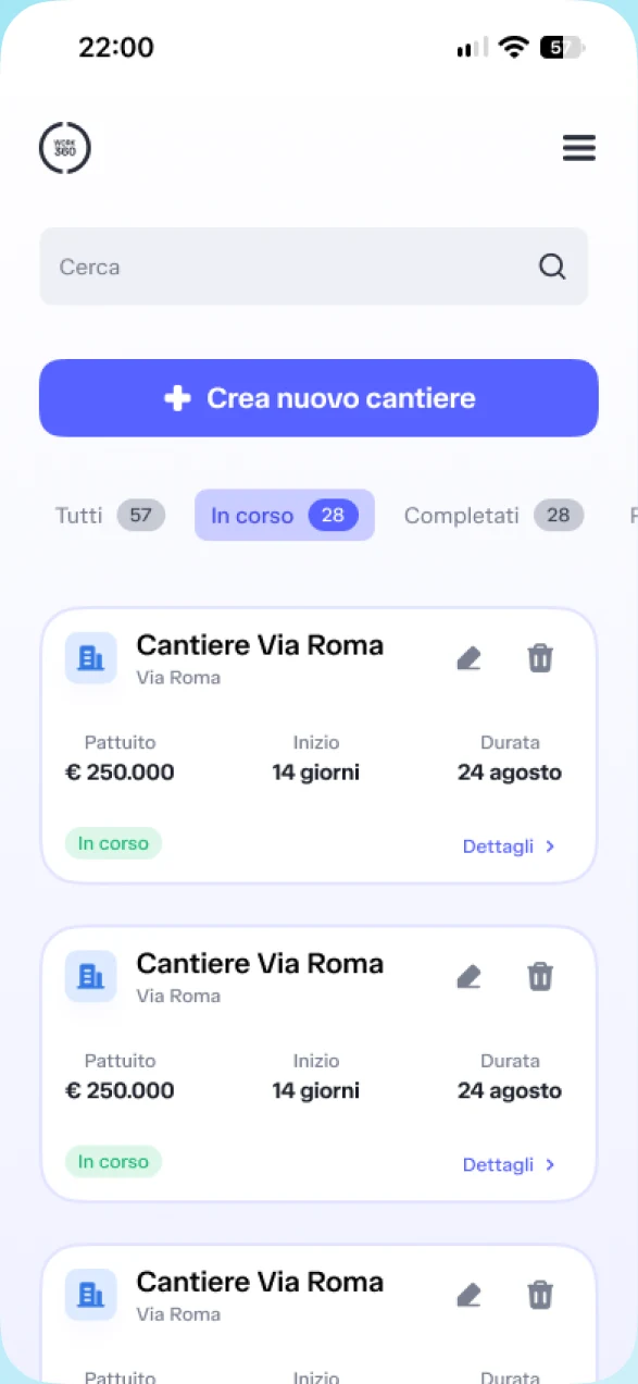 Elenco dei cantieri in corso